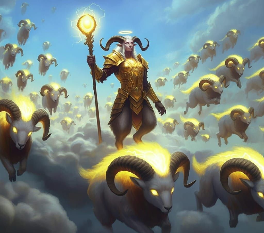 Angelic satyr Shepard of the electric  cloud rams