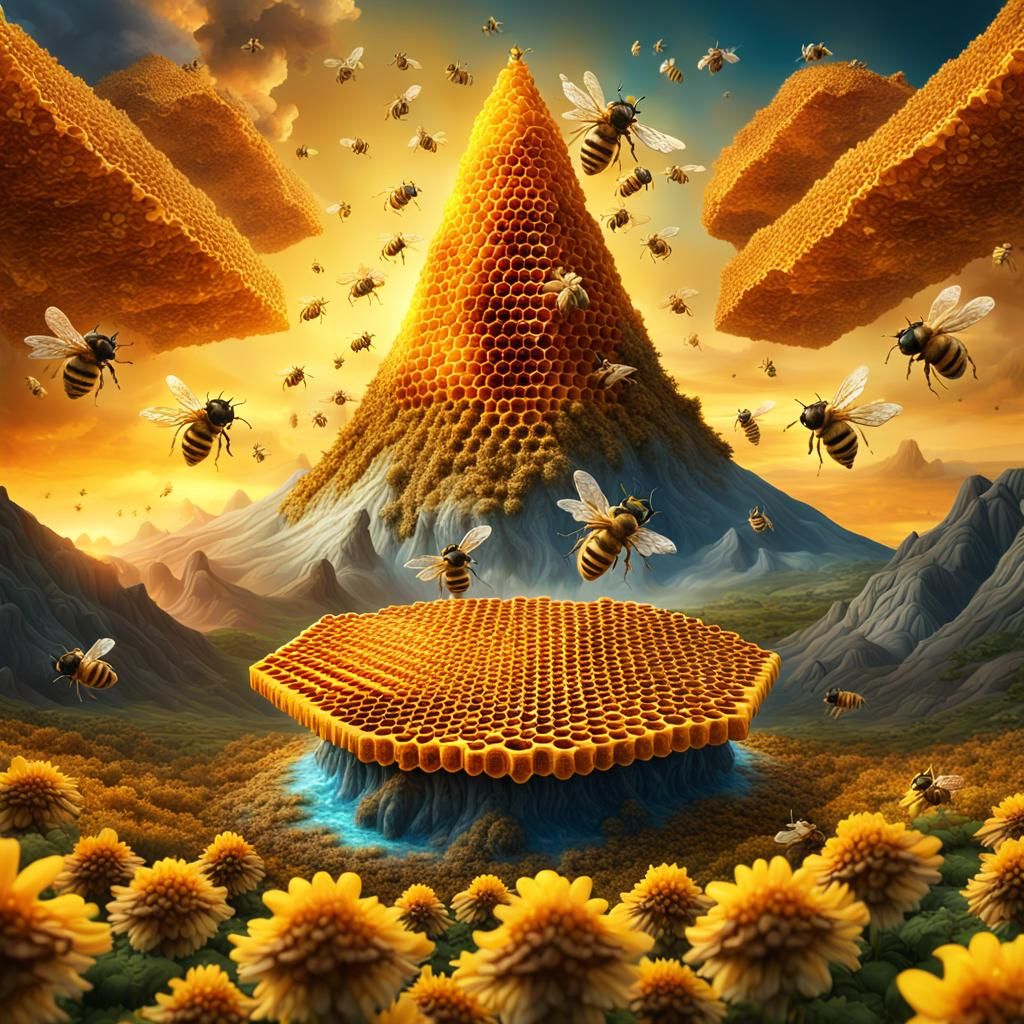 Centered composition landscape surreal honeycomb volcano erupting honey ...