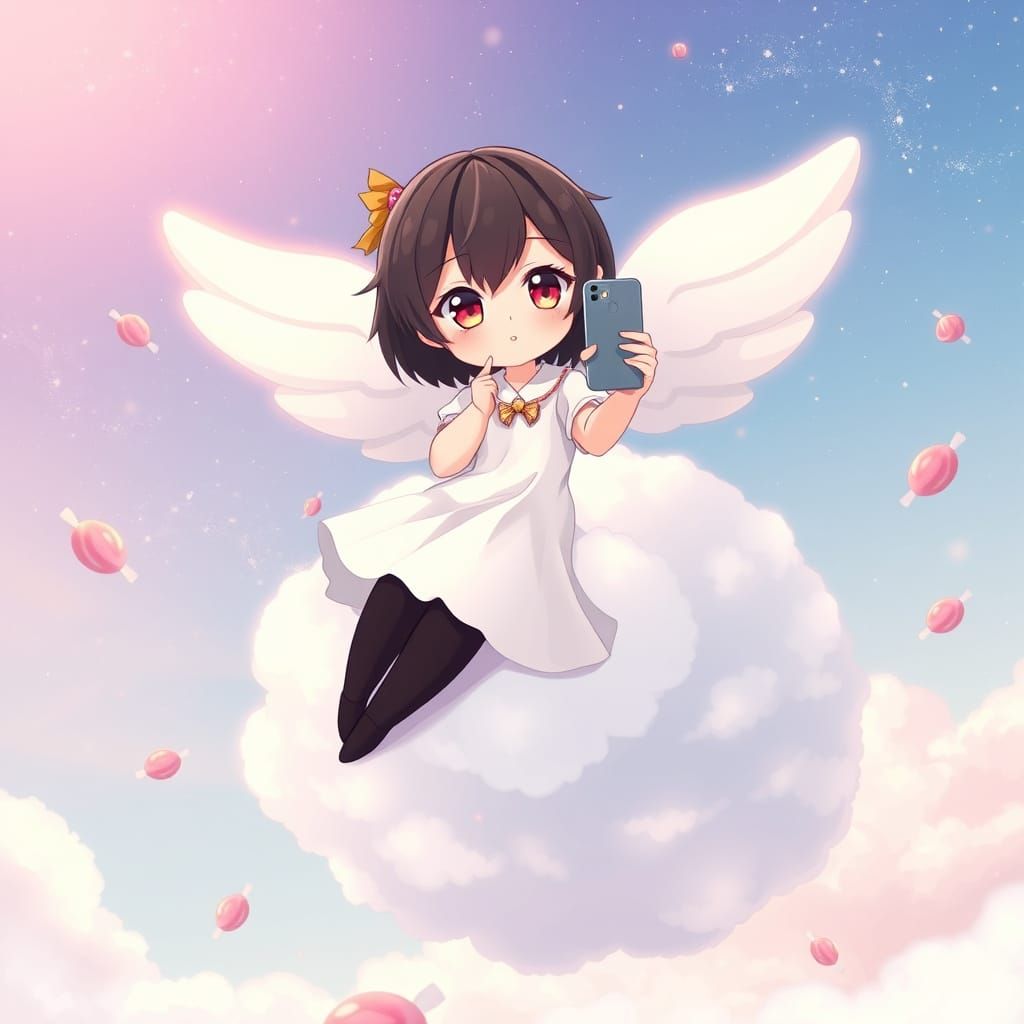 Chibi Angel Selfies with Rabbit Cloud in Anime Style