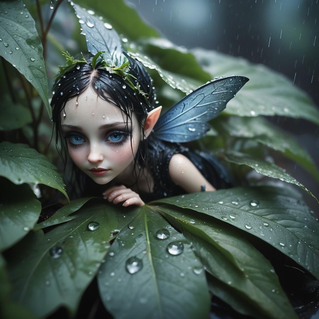 A Gothic Fairy taking cover under a leaf from the rain