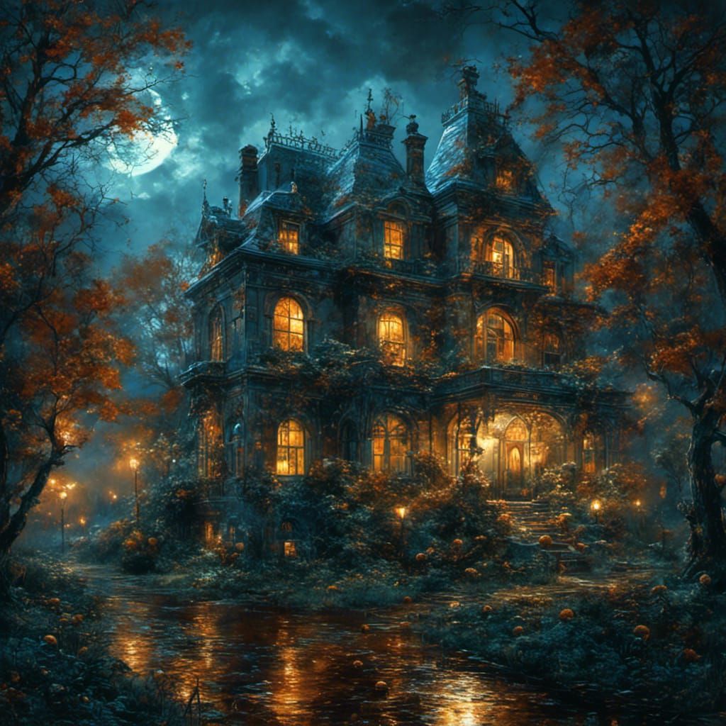 <lora:MJ6 Dark Fantasy:1.3> A haunted mansion shrouded in mist and moonlight, hyperrealistic, photorealistic, insane clarity and detail, th...