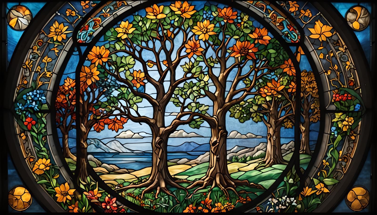 A stained glass window Showing The Four Seasons.  by @KOSH