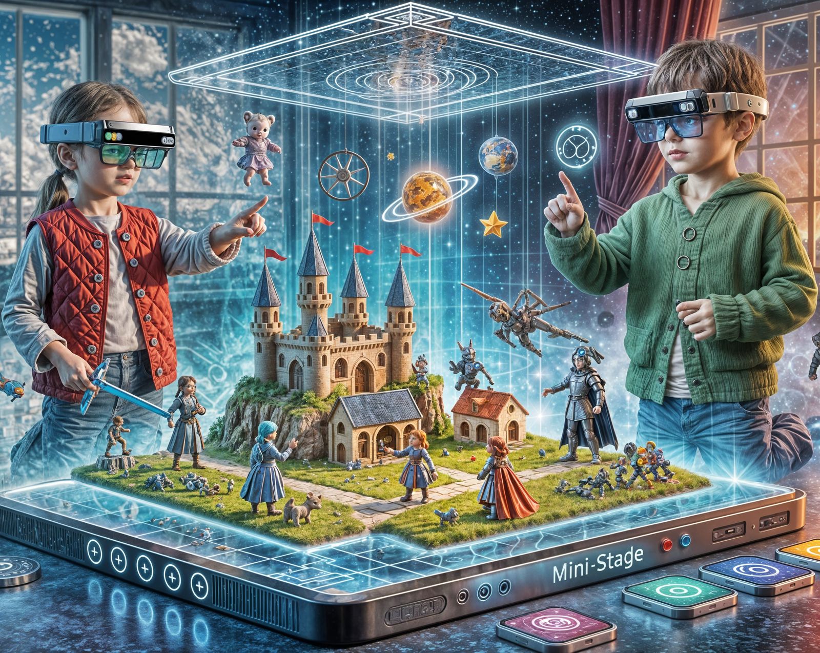 "A portable mini-stage for children that uses holographic augmented reality technology