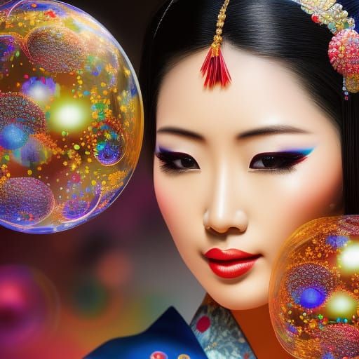 camera angle worm shot, Beautiful of attractive geisha woman in color bubbles !!! Spanish art Hyper realistic, ...  by @Adu entertainment
