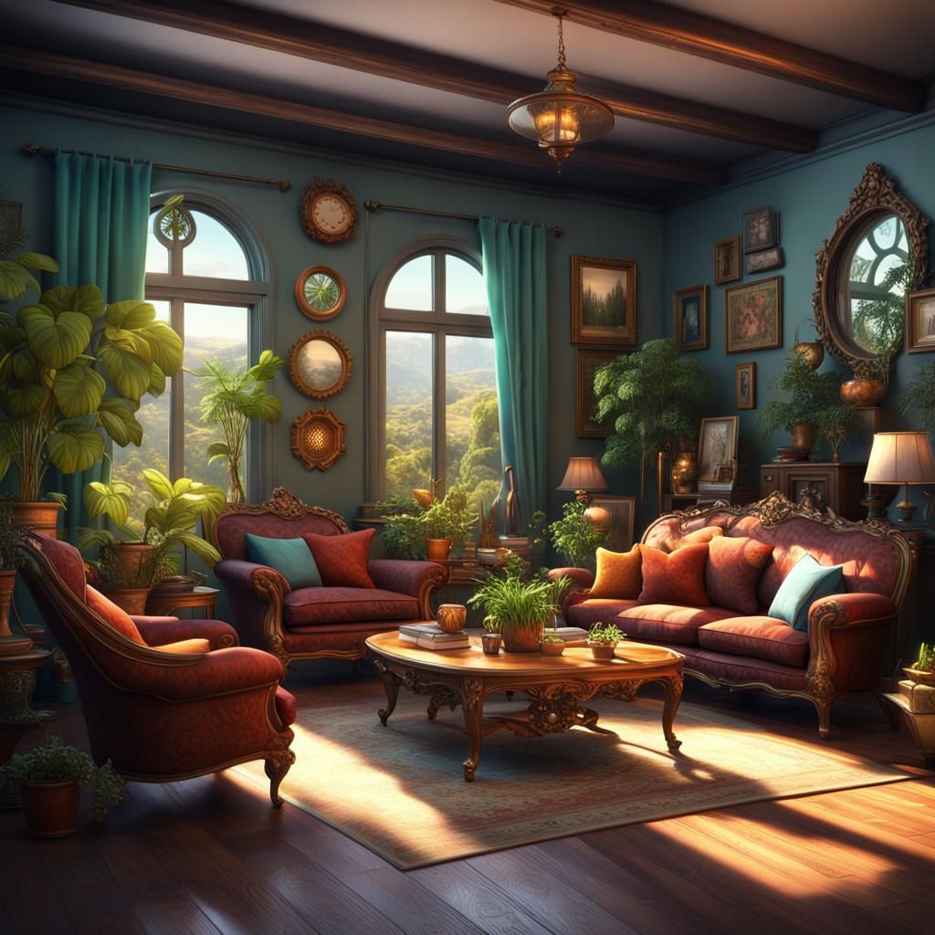 living room+couch+chairs+end tables+coffee table+ tv on the wall+cushions on the couch+windows+many pictures ...  by @Sharoja