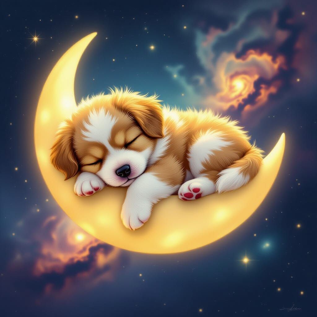 Adorable Fluffy Puppy Sleeps on Moon in Starry Space
