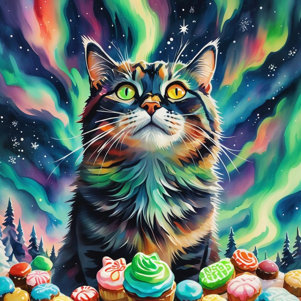 Double Exposure Cat and Northern Lights in Gouache Style