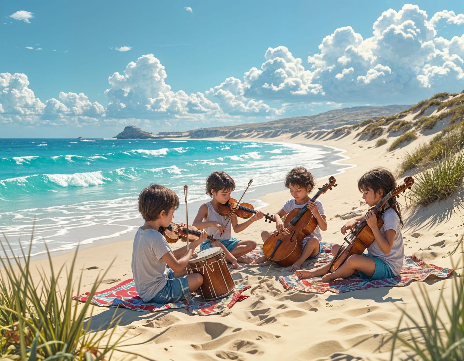Seaside Children's Music Scene in 3D Rendered Style