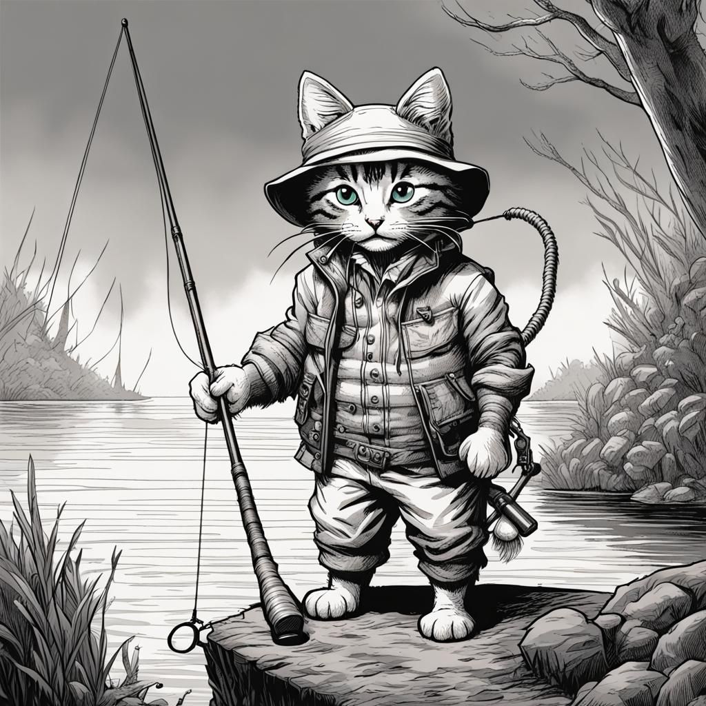 Style of Tenniel, a black and white drawing of a tabby kitte...