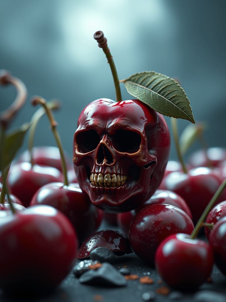 Surreal Cherry Skull in Epic 3D Videogame Style