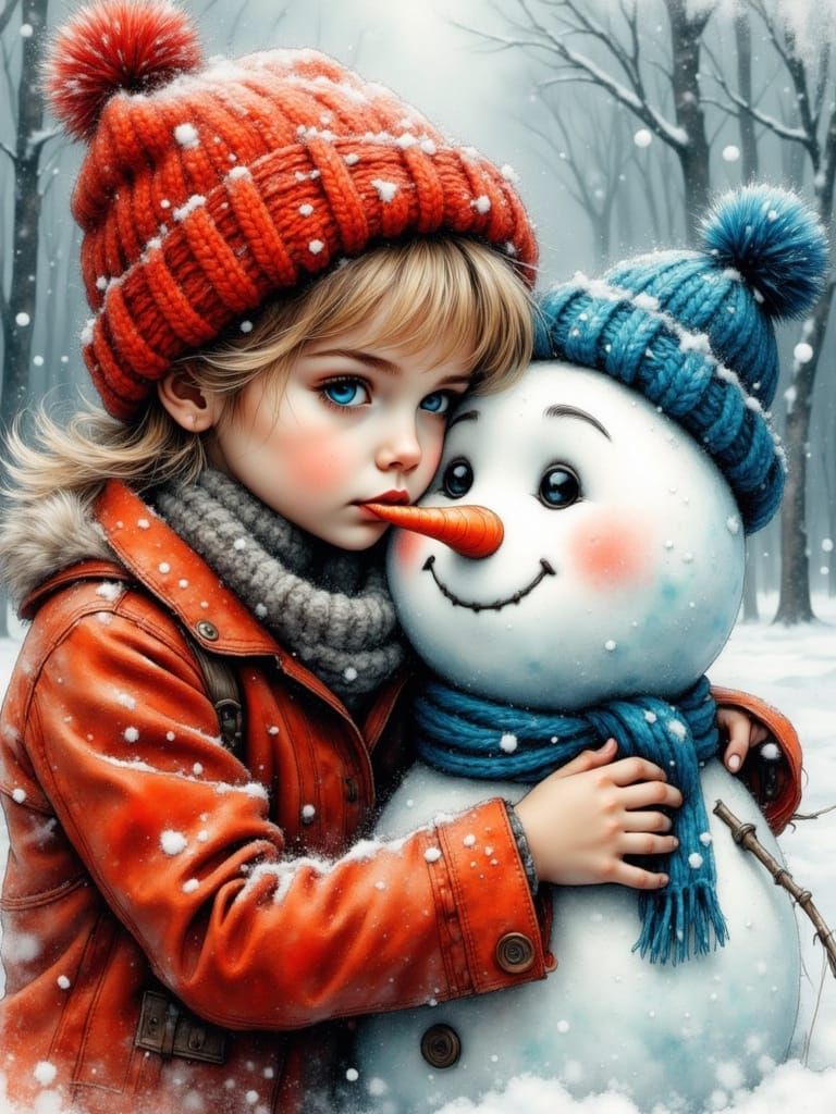 Child Embraces Snowman in Winter Wonderland