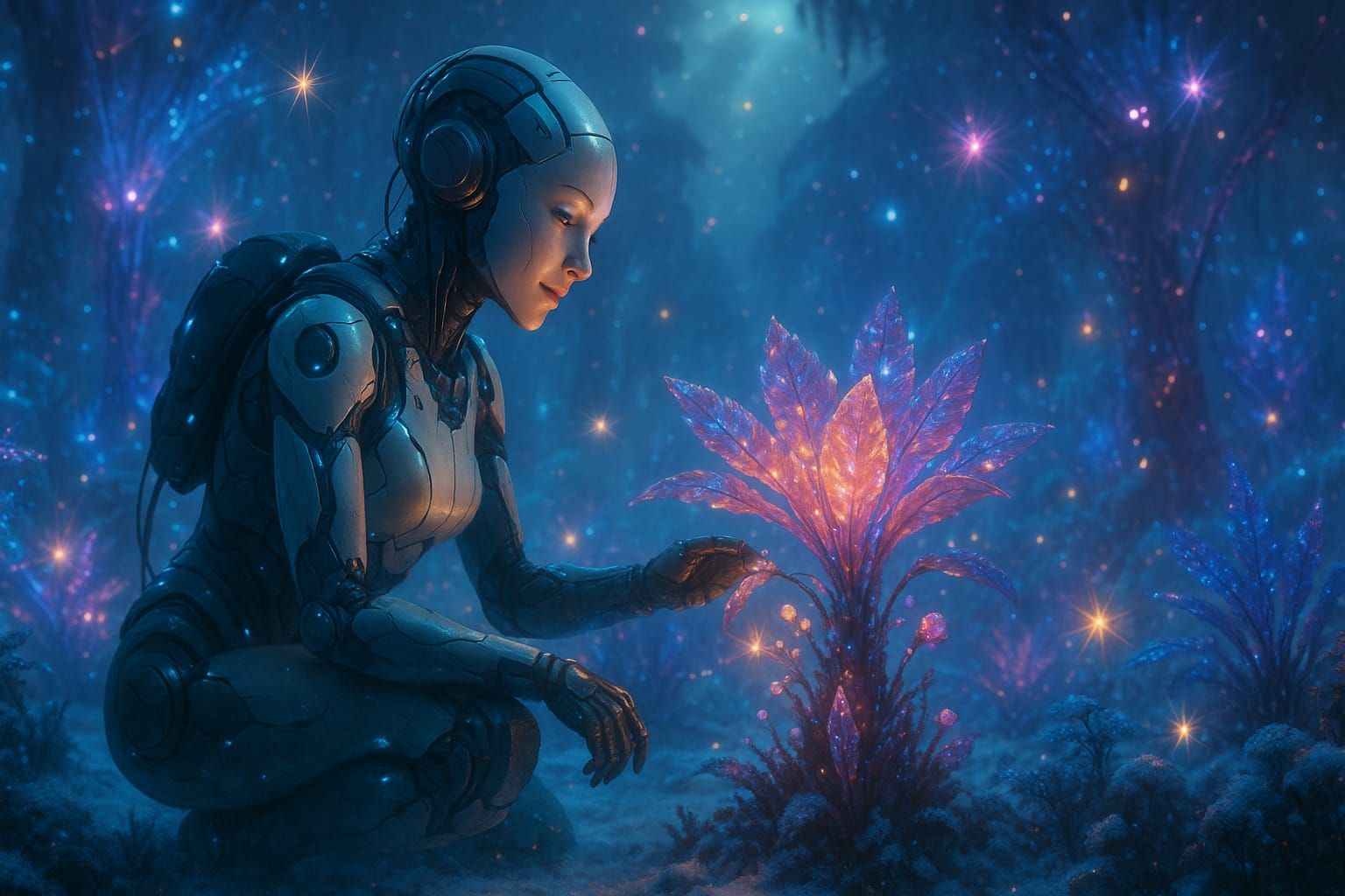 An Android Botanist Explores a Bioluminescent Cryo-Jungle in a 3D Rendering