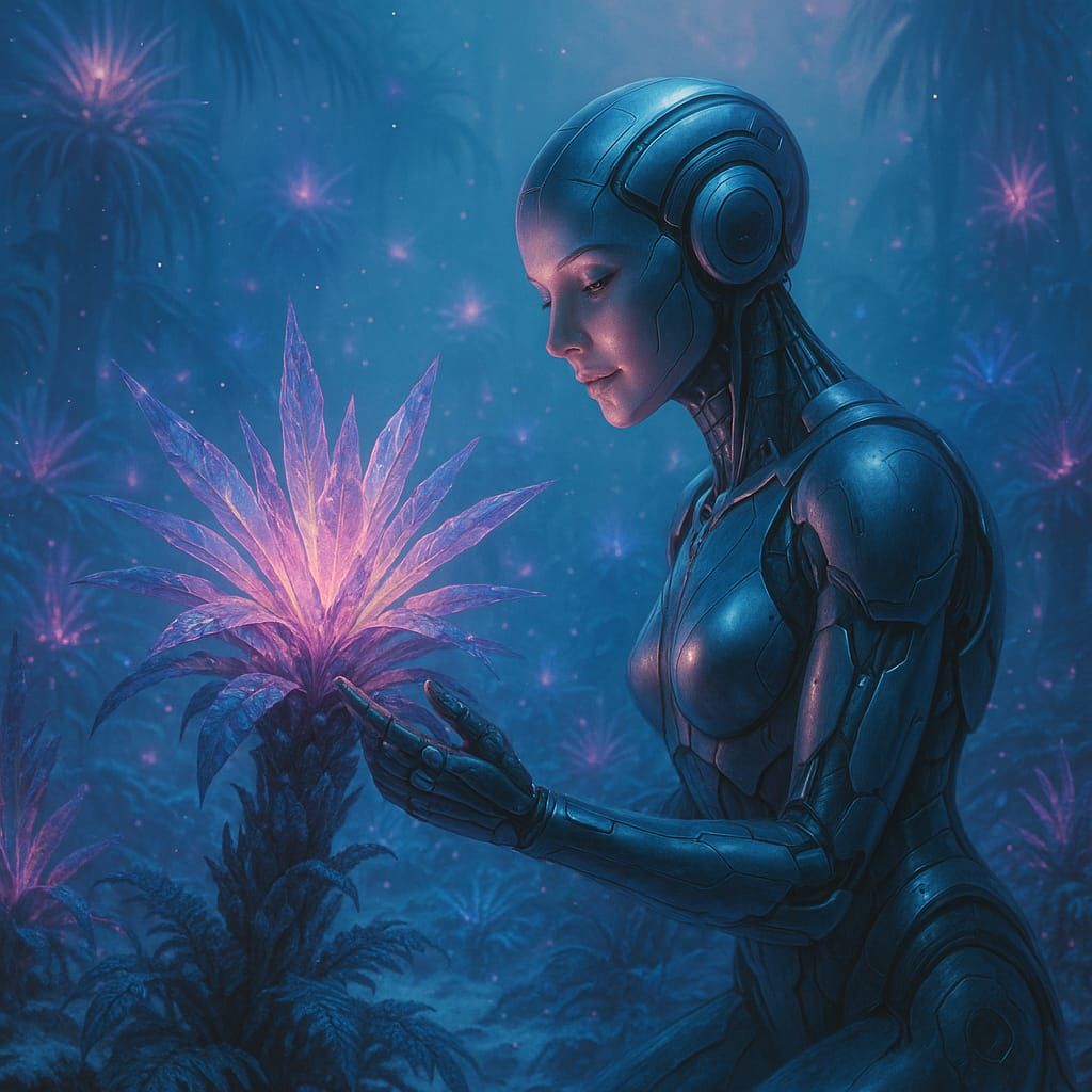 An Android Botanist Explores a Bioluminescent Cryo-Jungle in a 3D Rendering  by @Kun-kun
