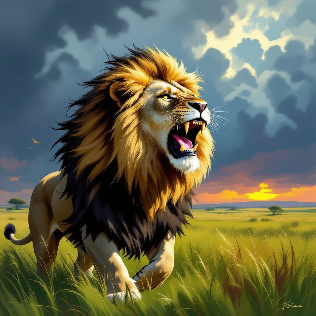 Regal Lion Roars on Stormy Savanna
