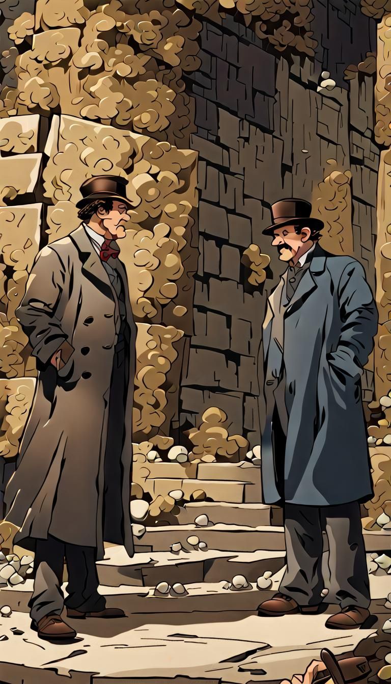 Holmes and Watson rescuing a young woman from an Eldrich sto...