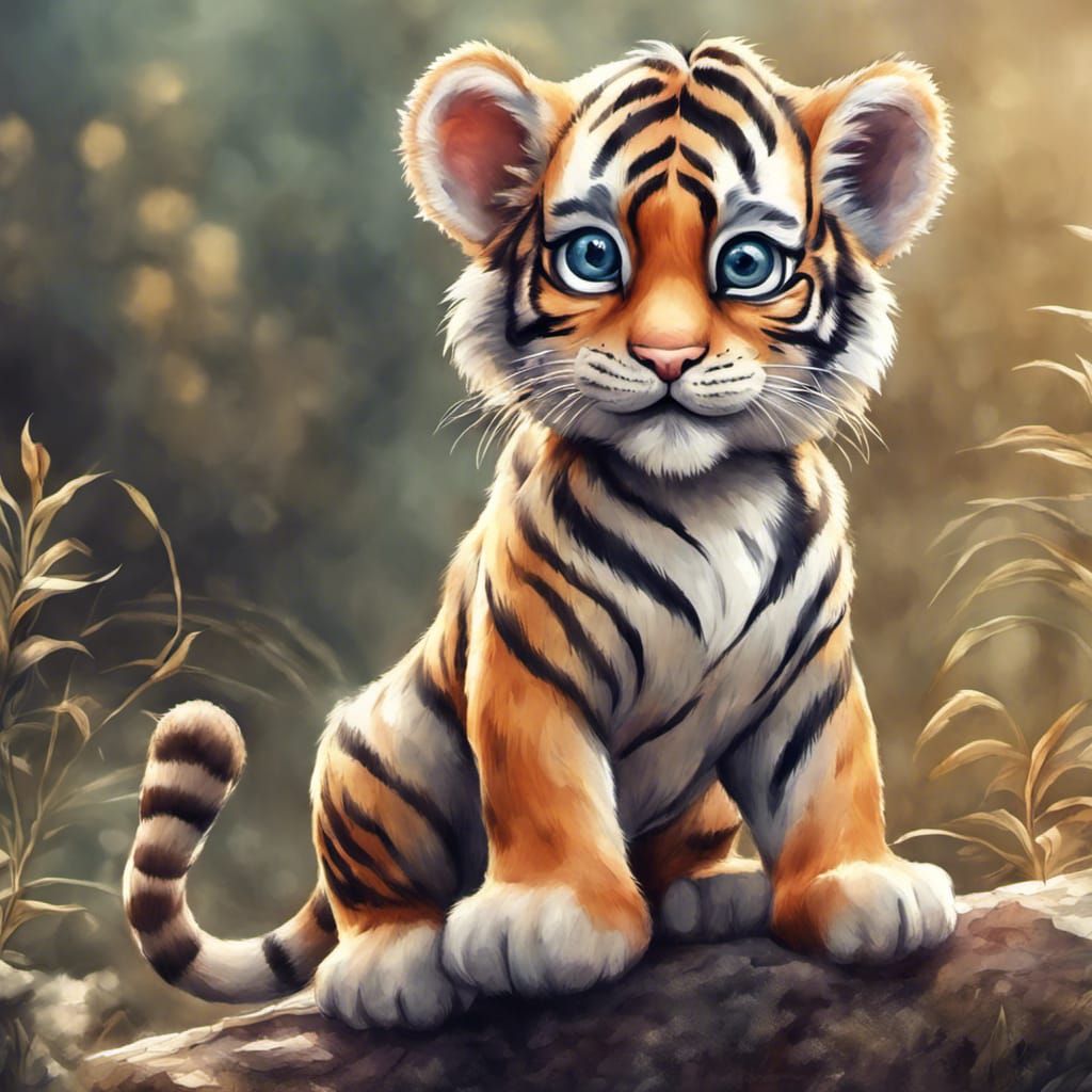 adorable cutie baby tiger with huge eyes acrtoon, hyperealistic, kawaii,  watercolor, savanah background - AI Generated Artwork - NightCafe Creator