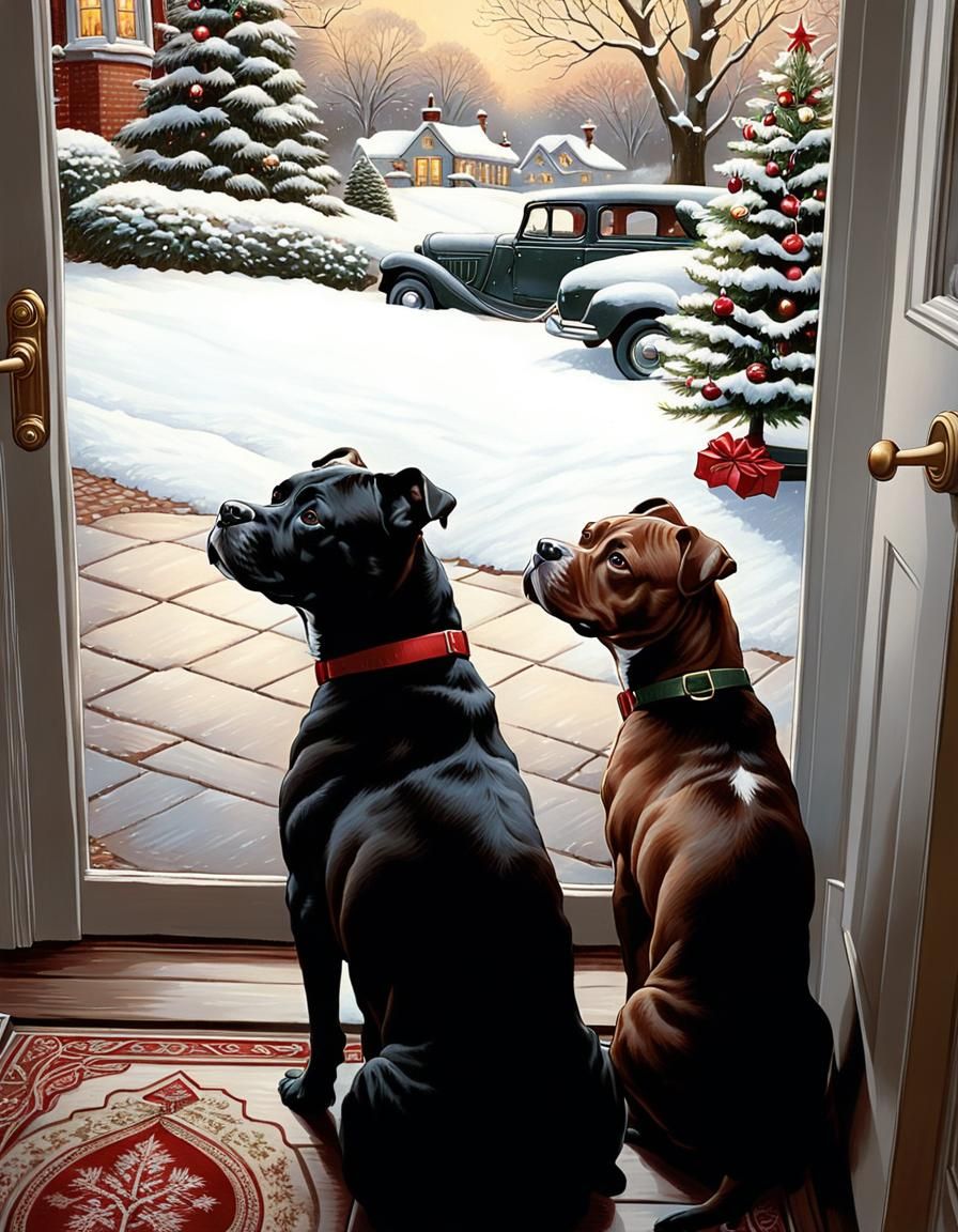 Staffy bull terriers waiting for Santa Claus