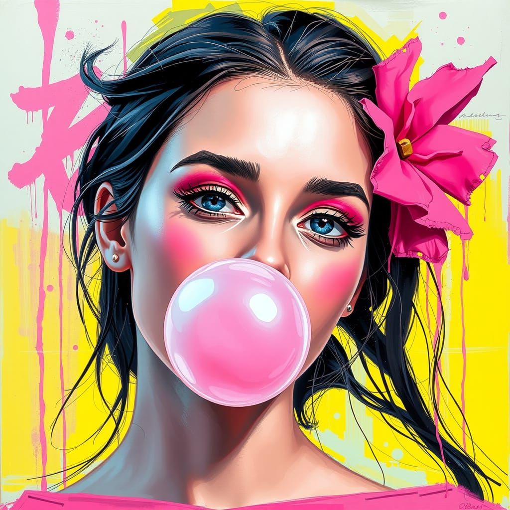 A woman blowing a bubble.  by @HunterJXT