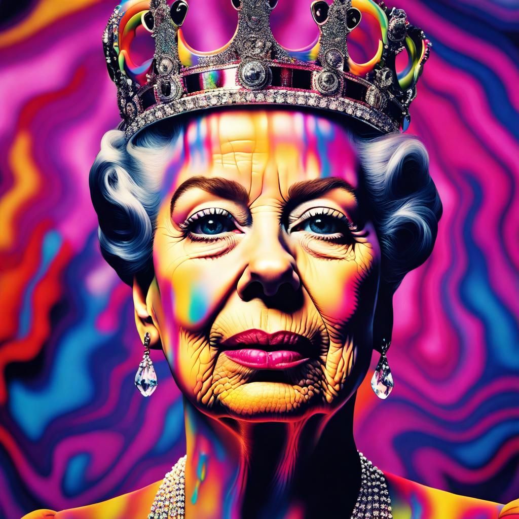 High definition portrait of the queen with a melting face wi...