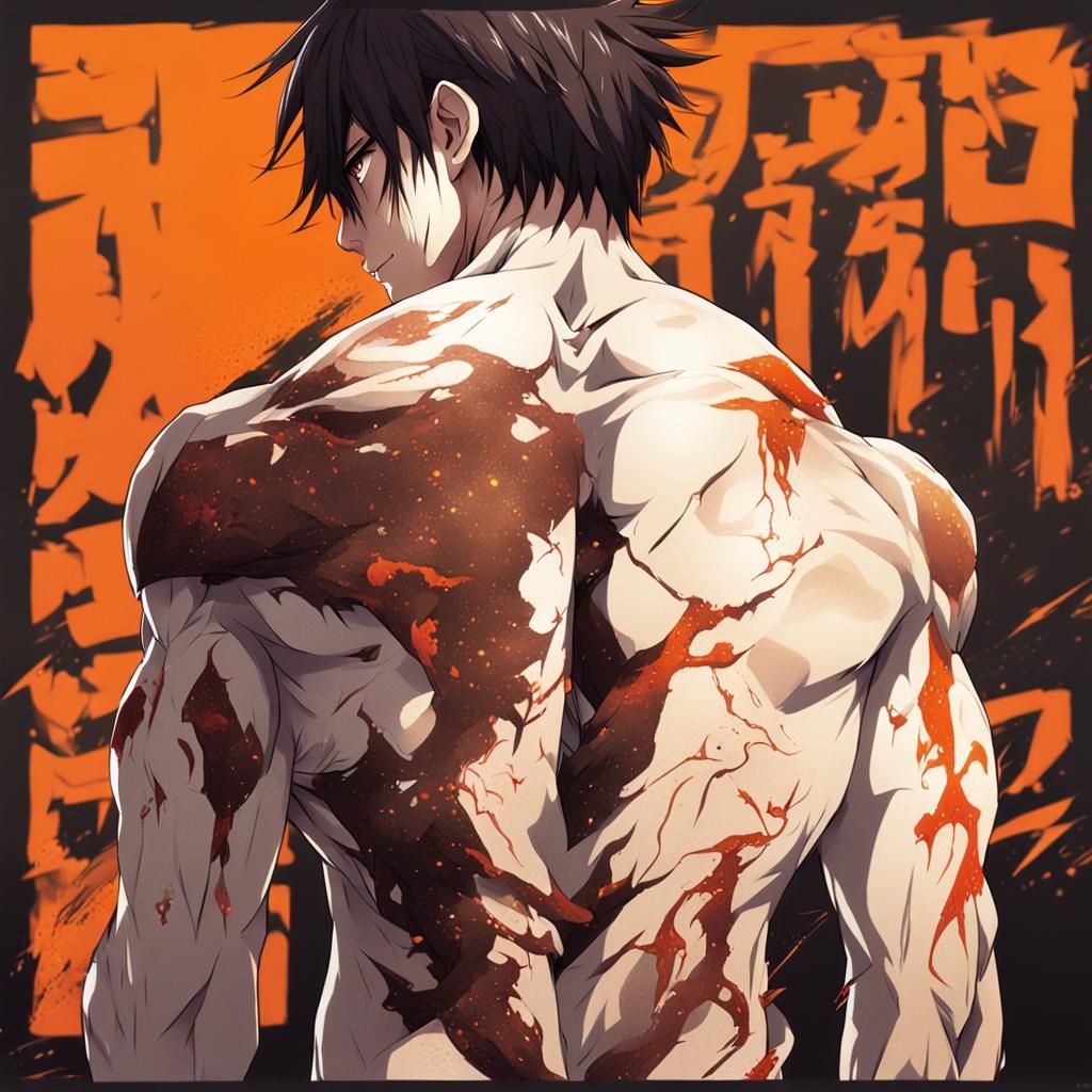 anime style: A man with dark brown hair (the tip of his hair are degraded to orange) shirtless and seen from behind whose back is completely...