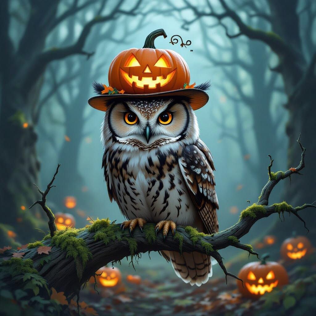 A wise old owl, perched regally on a moss-covered branch. The forest around it is ba...