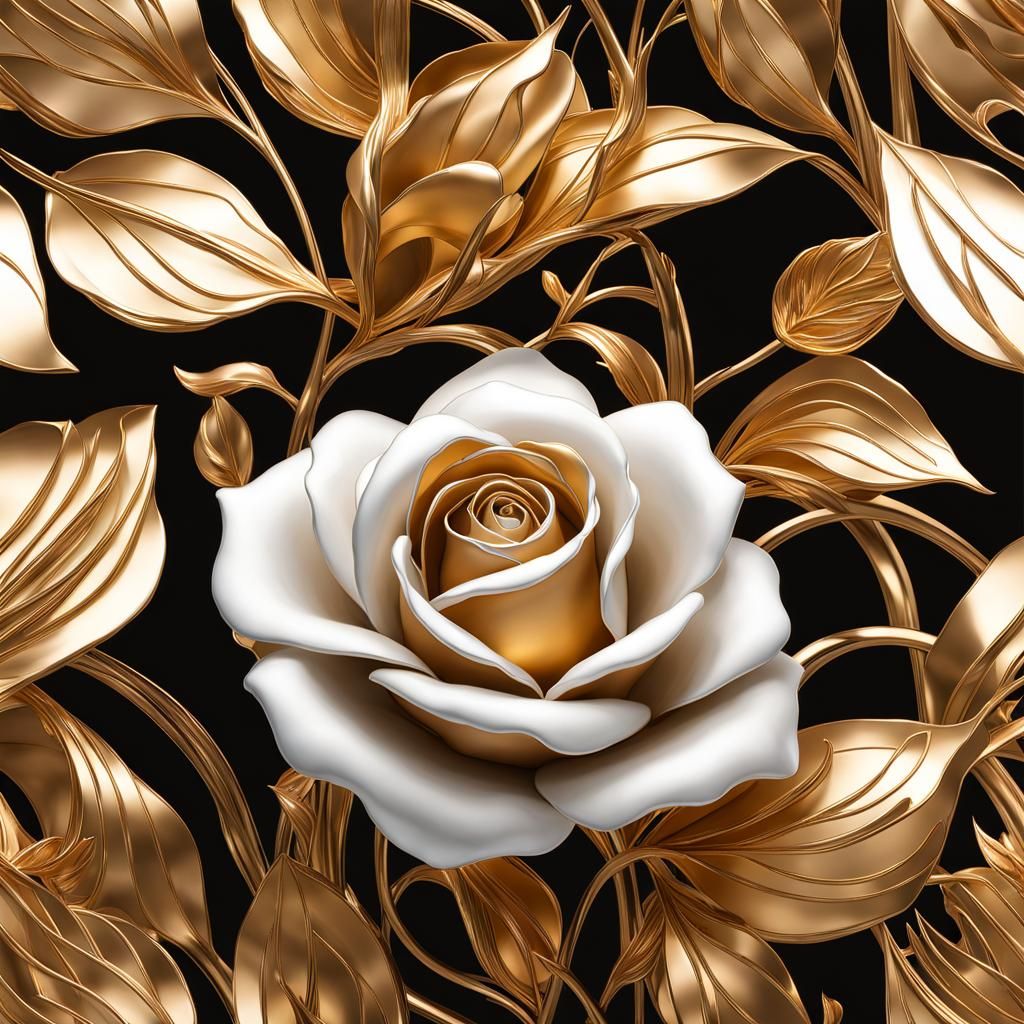 Sculpted White gold rose surrounded by exquisite 24 carat gold foliage