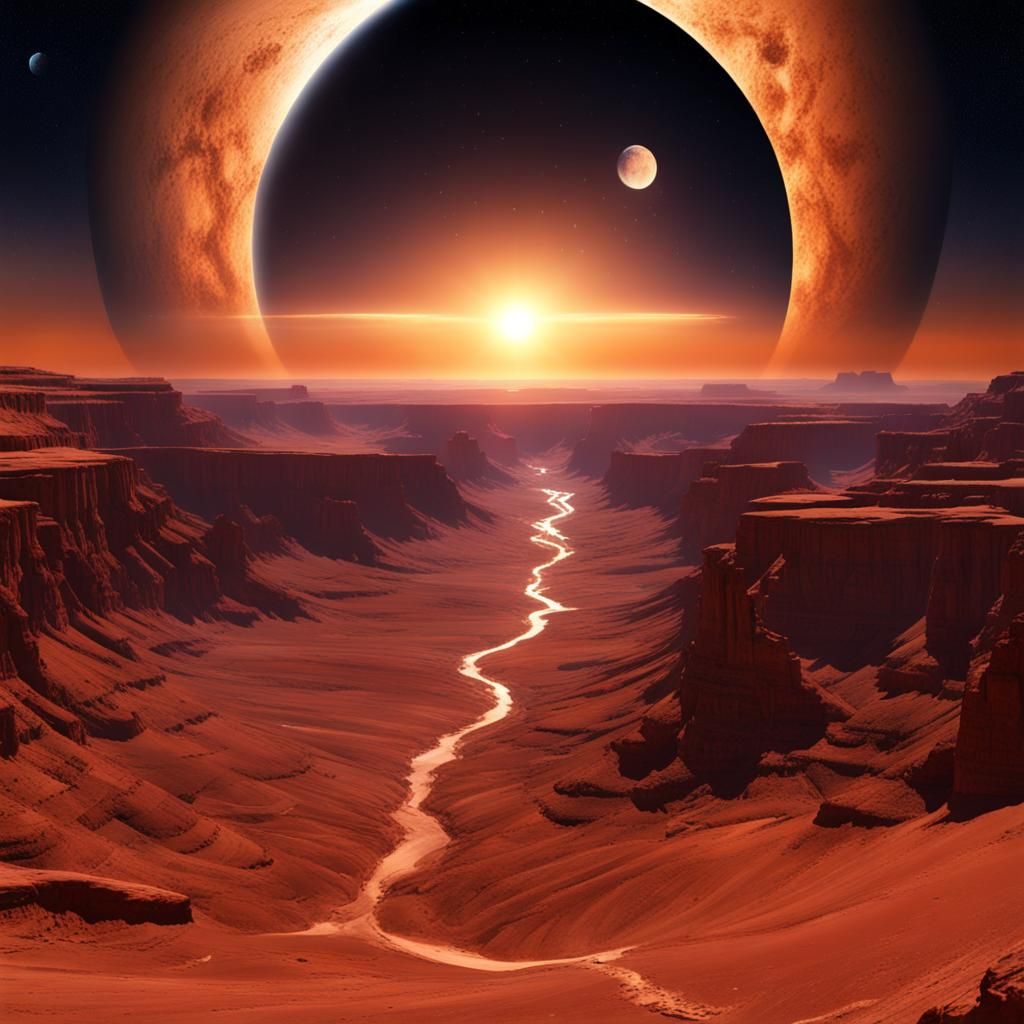 Desert canyon in space at sunset  by @Beat
