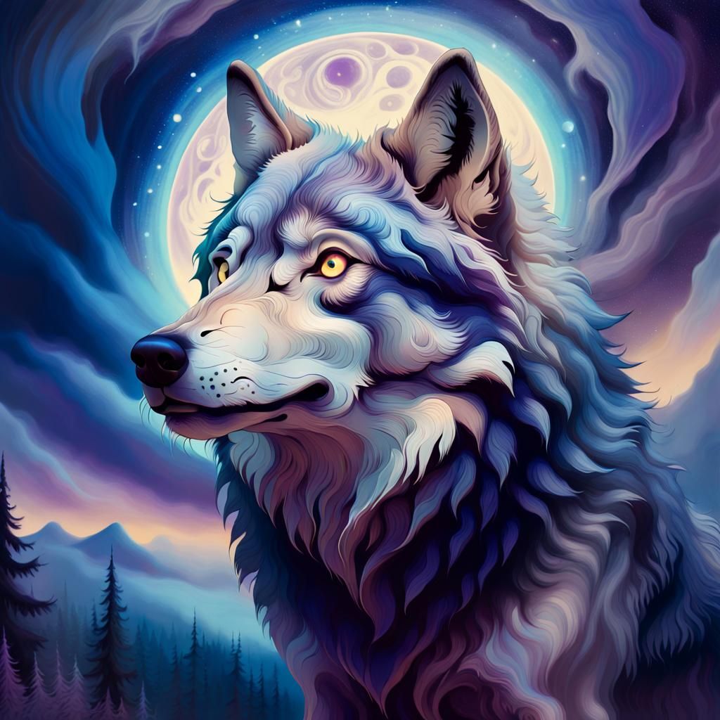 Cosmic Wolf Howling in Dreamy Astral Landscape