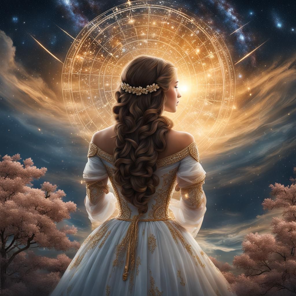 Belle femme brune de dos admire un ciel astrologique - AI Generated Artwork  - NightCafe Creator