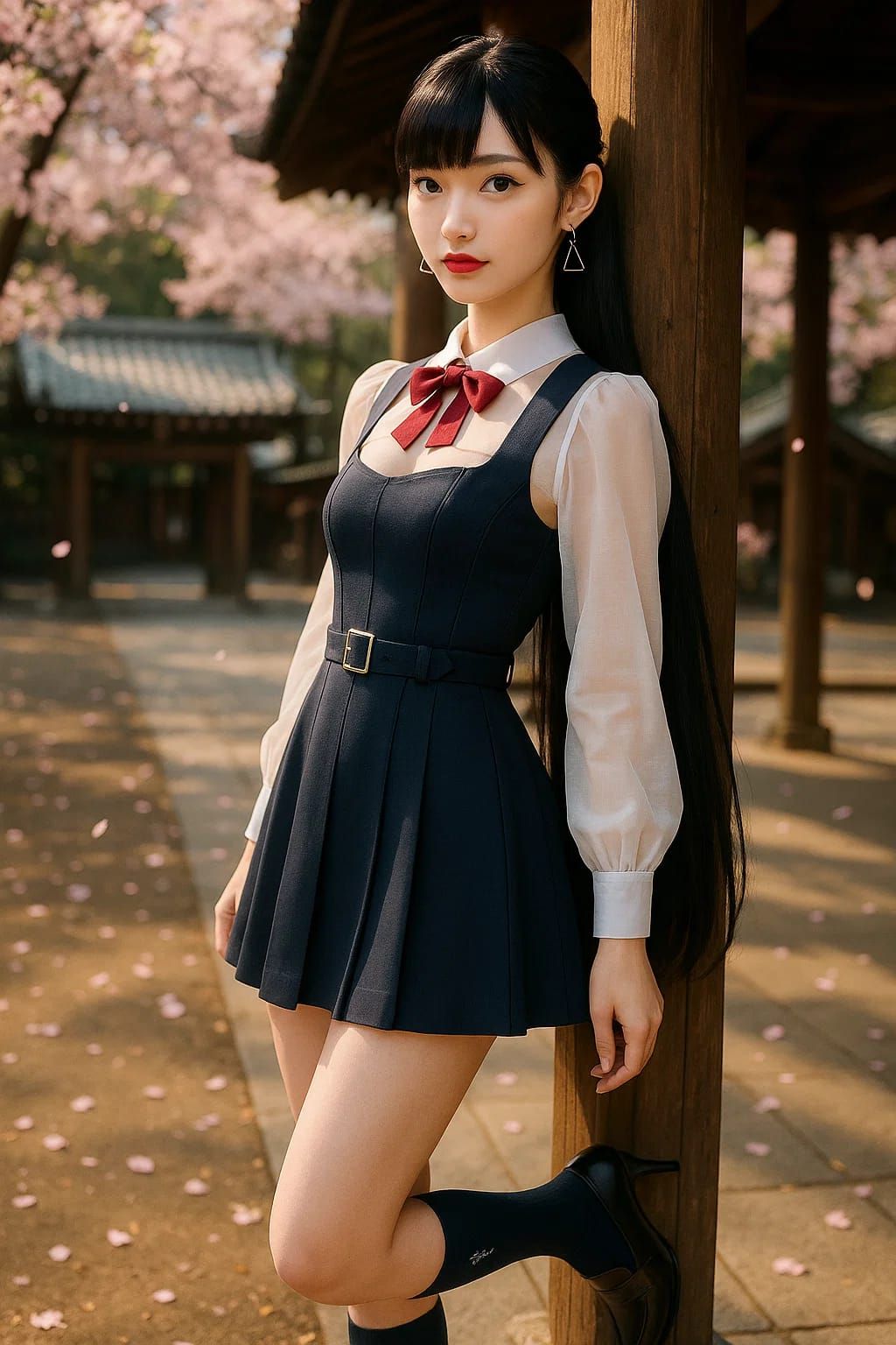Kaori at a shrine surrounded by falling cherry blossoms. (Fu...