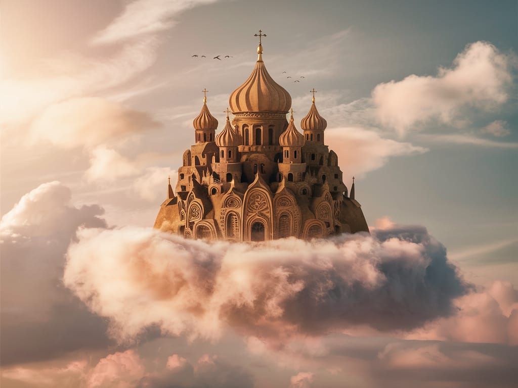 a sand cathedral standing on a cloud in the sky