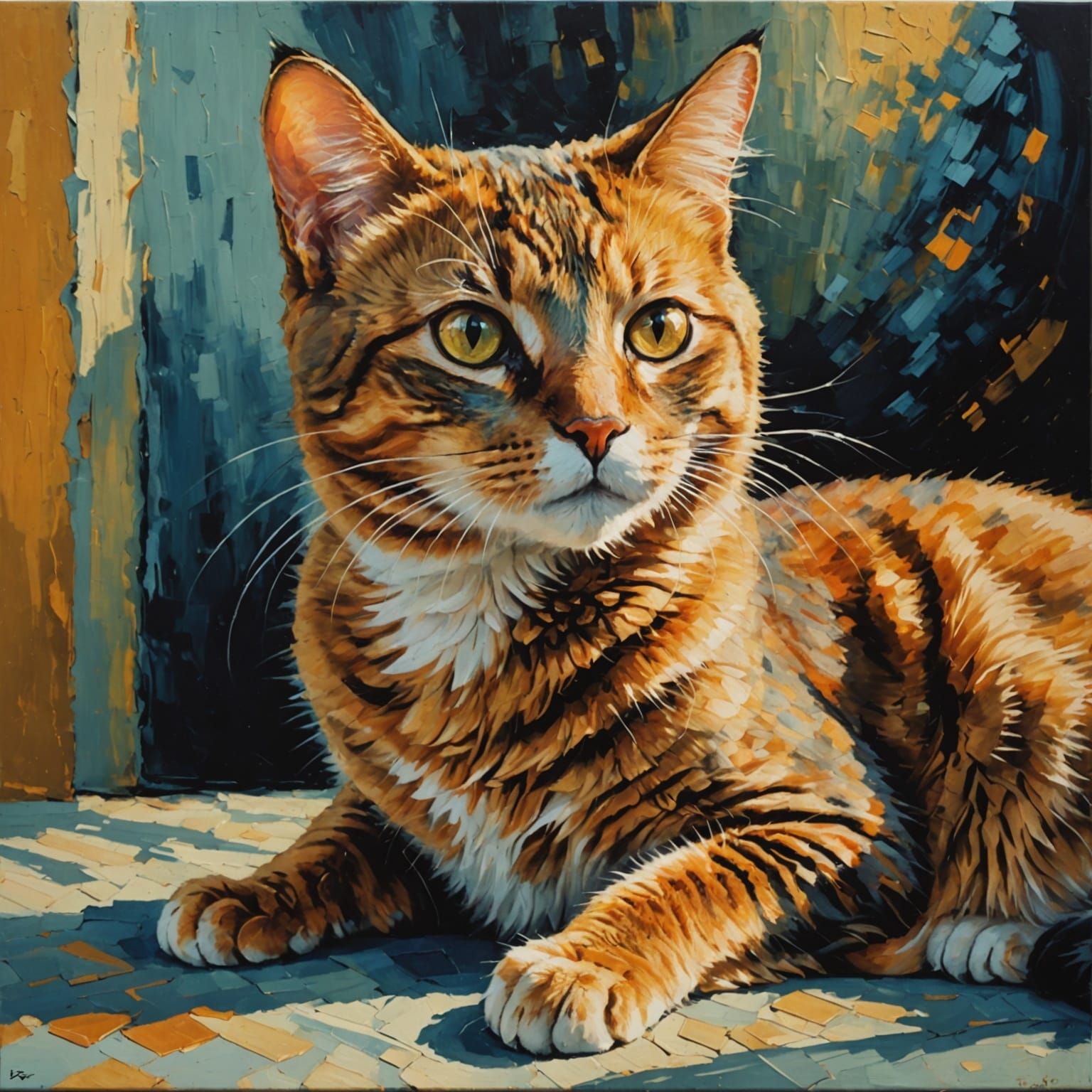 Detailed acrylic impressionist painting of a cat, dramatic lighting, golden hour,  in the style of Degas ...  by @Tangled Serendipity