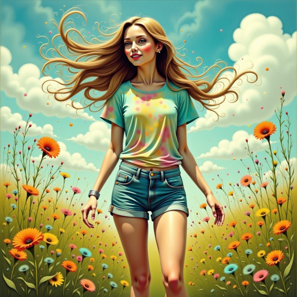 A beautiful woman with outstretched arms, happily spinning and dancing in a summer meadow, dressed in a short tie-dyed t-shirt, blue jean sh...
