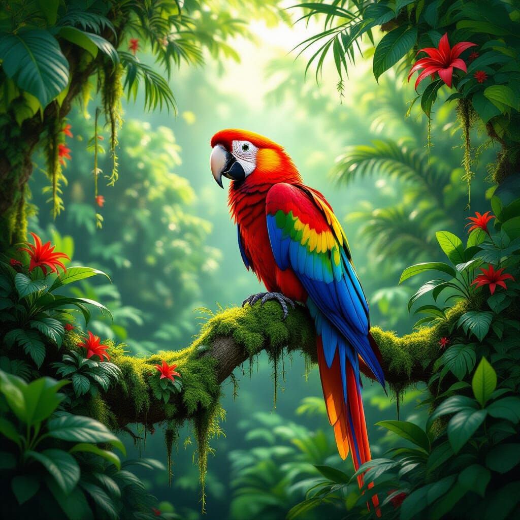 Vibrant Scarlet Macaw in Sun-Dappled Jungle
