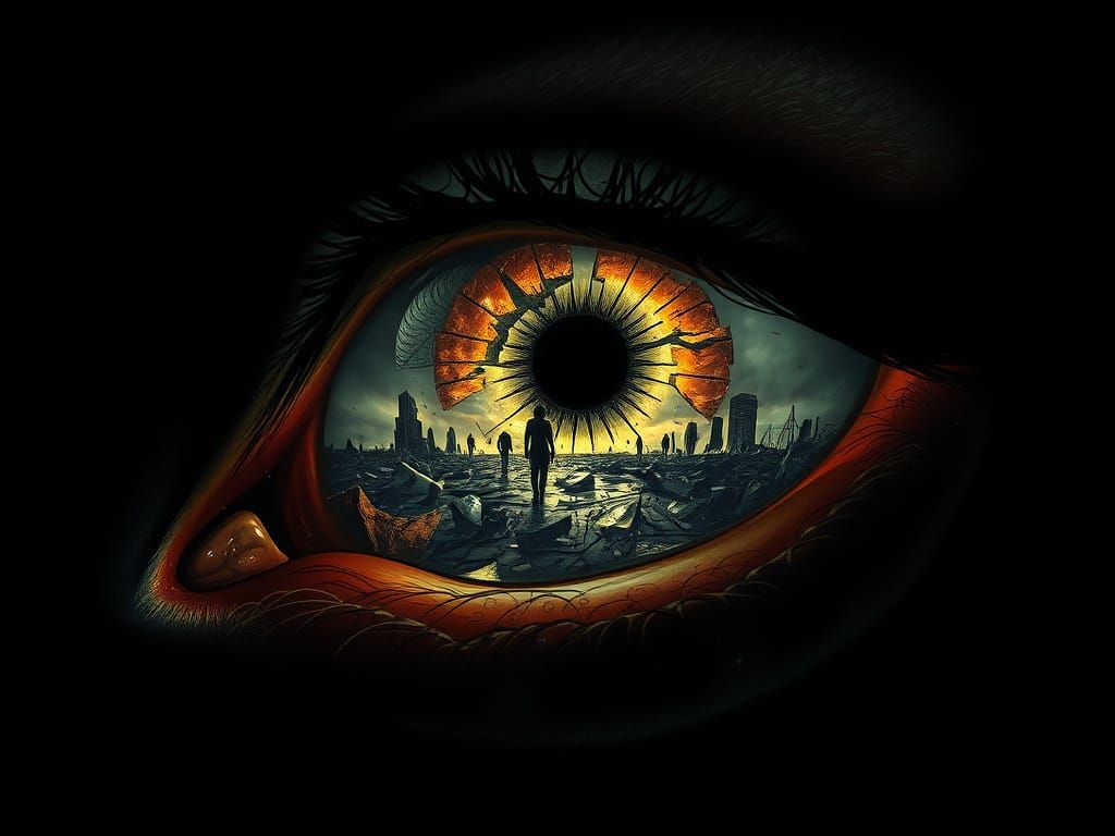 "Create a side view of a single, intense eye glowing with chaotic patterns. In its reflection, depict a shattered world—crumbling ruins, bro...