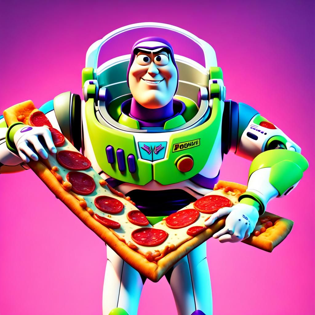 buzz light-year eating a ginormous pizza slice while killing...