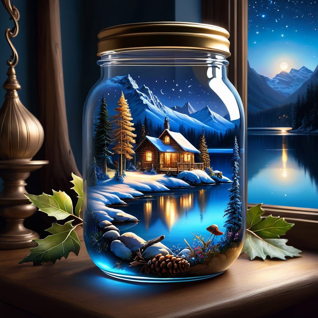 An clear glass jar with Swiss Alps inside