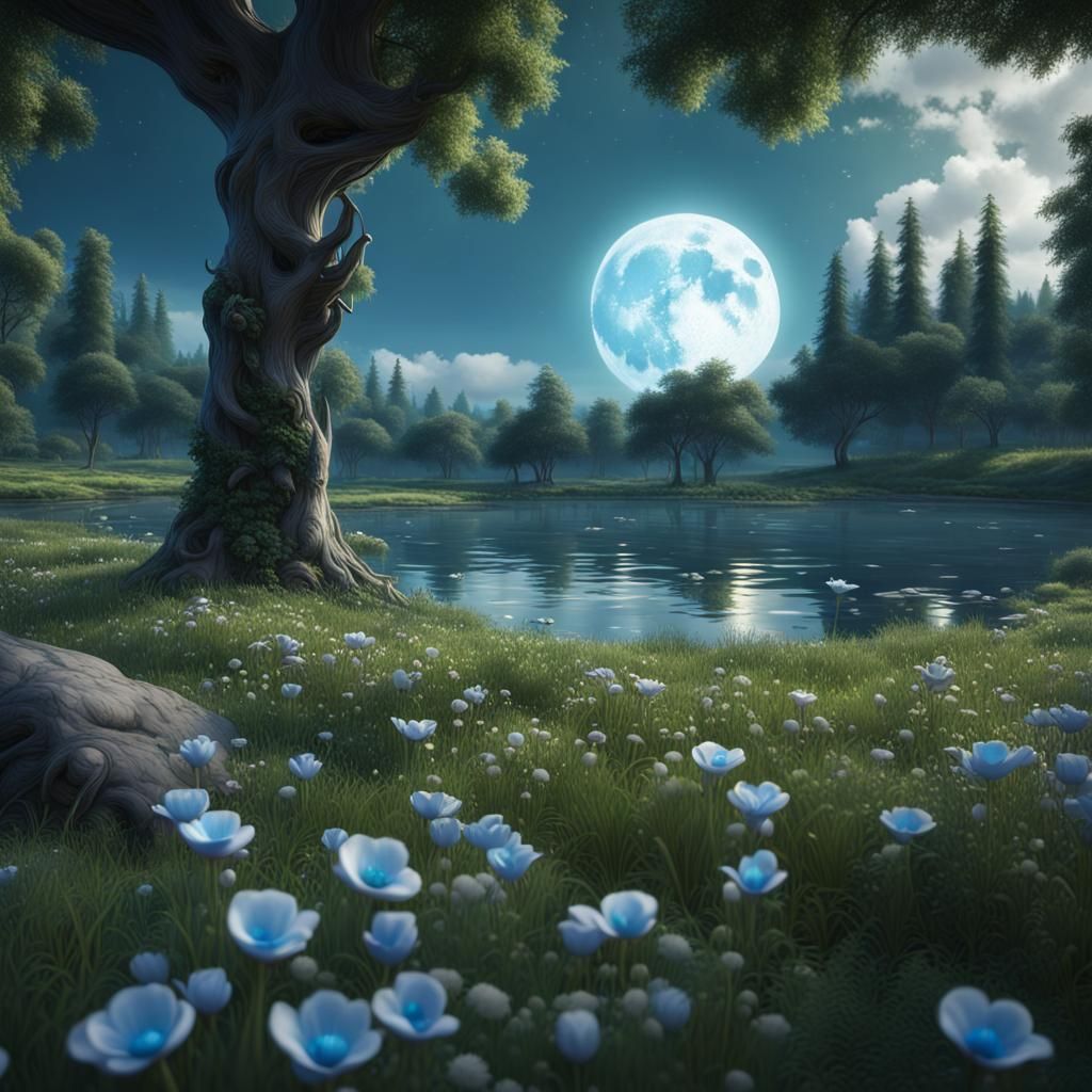 Blue and white color moon flowers in the green meadows surrounded by trees near the lake