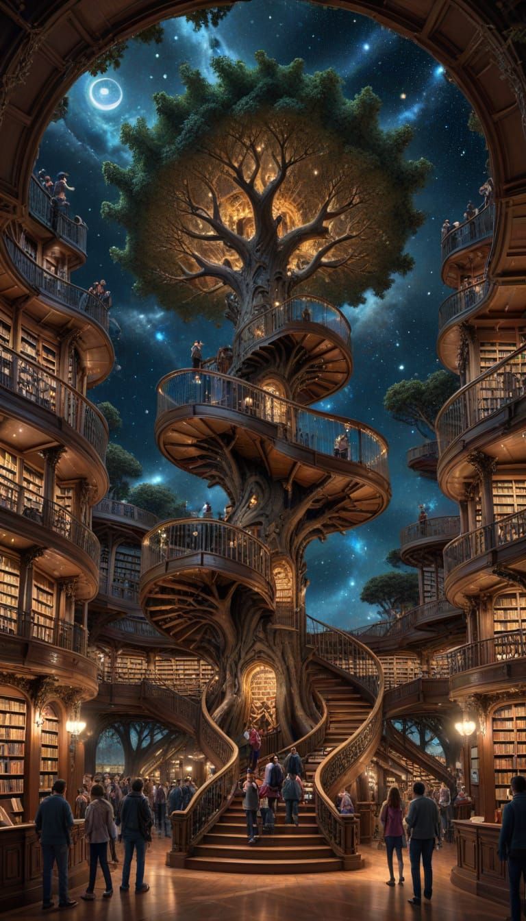 Colossal tree at the center of an open-air library  by @Zepp