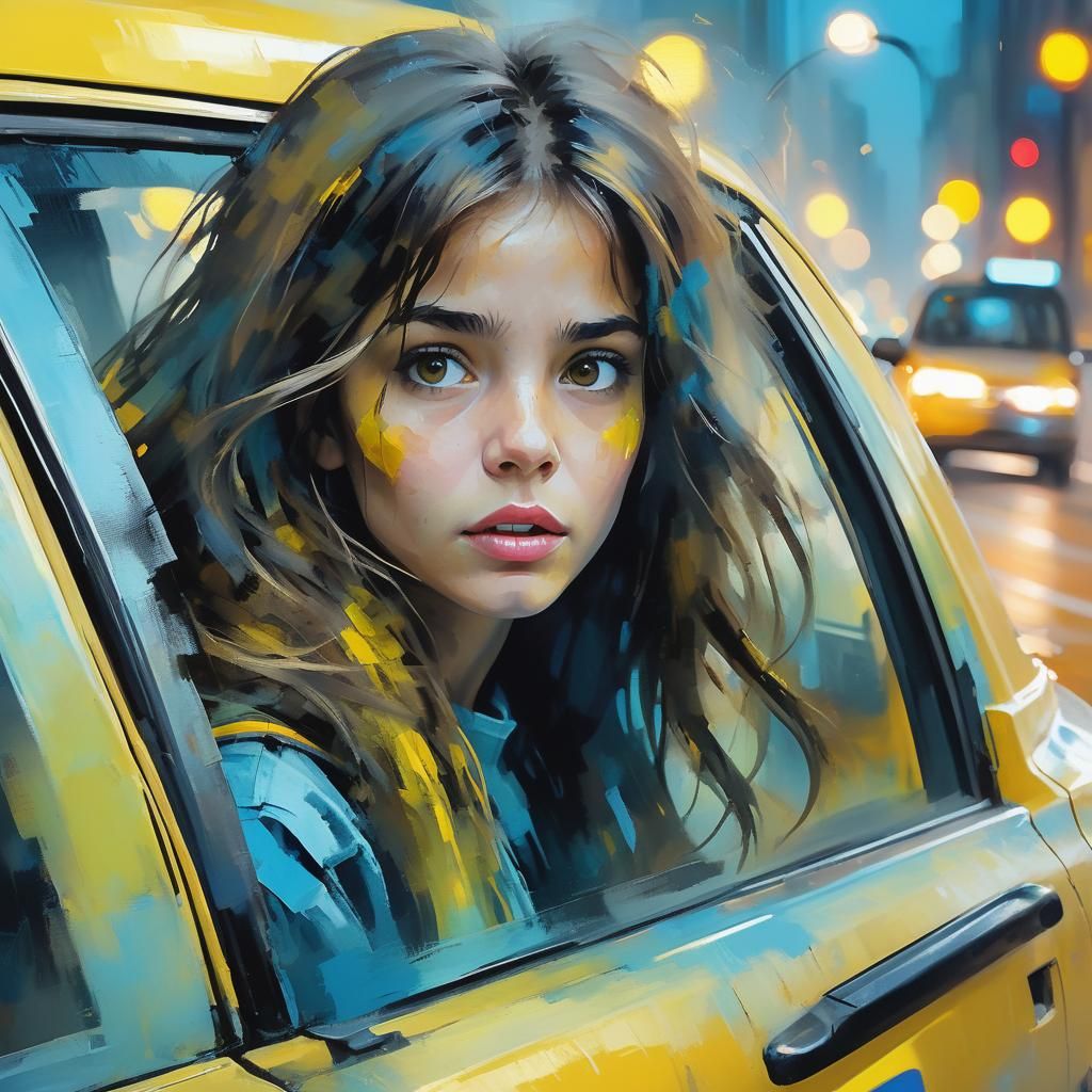 A shy young brunette girl leaving in a taxi.