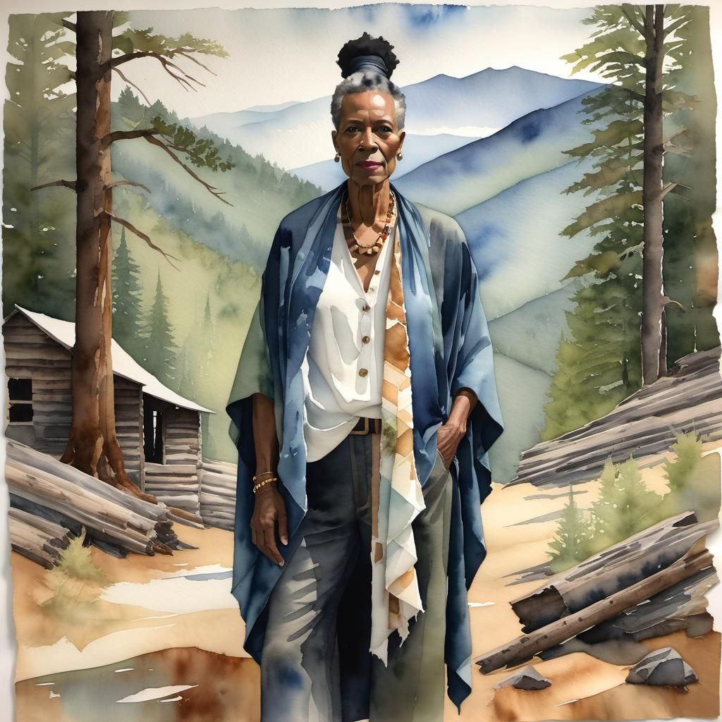 portrait full body nomad, ripped cloth, watercolor, Great Smoky Mountains, craquelure, scrapbooking, Carrie Mae Weems, W...