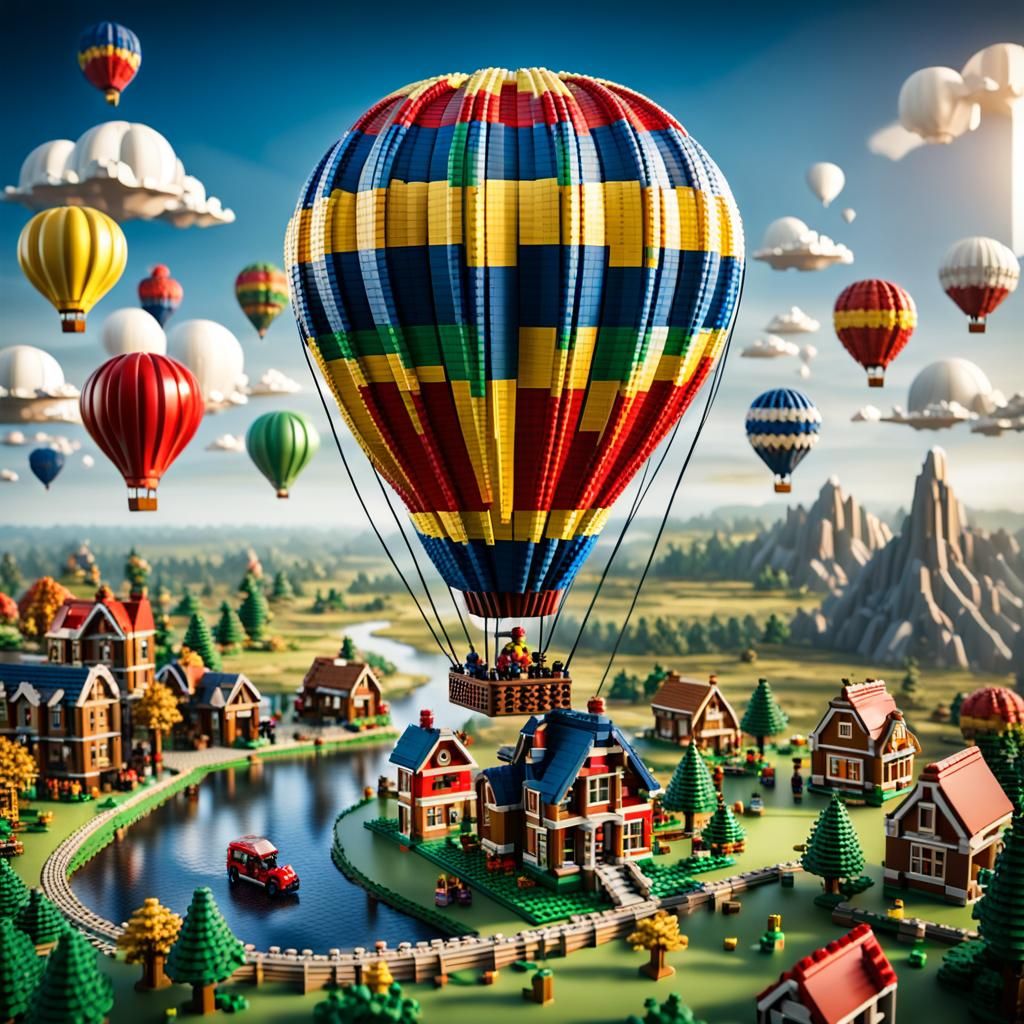 A lego hot air balloon flying over a lego country side   by @chooky