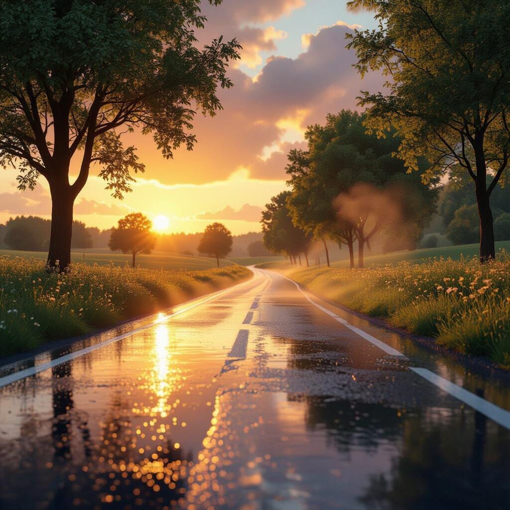 A peaceful summer rain falling gently on a quiet rural road at golden hour — warm sunlight piercing through the clouds, ...