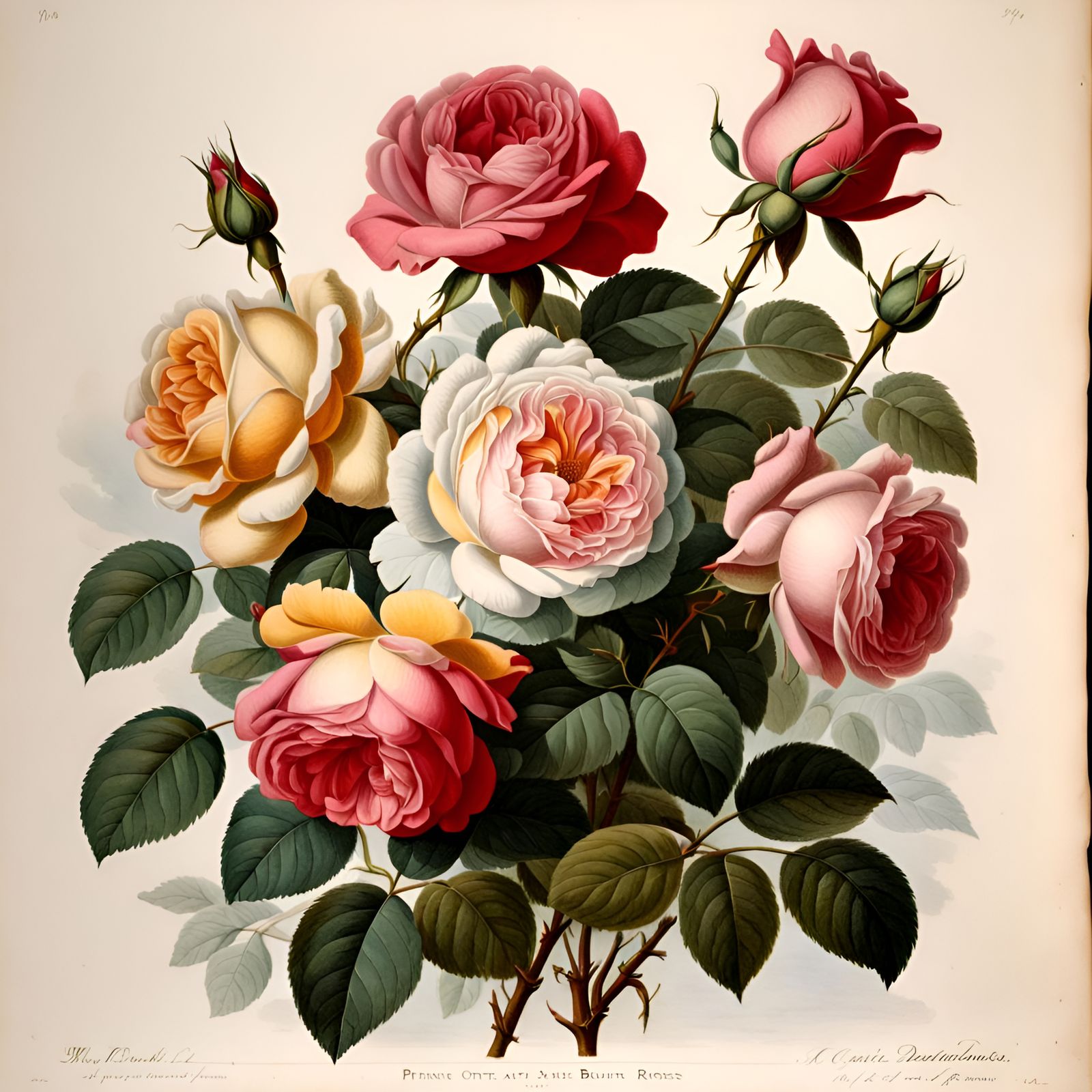 Vintage Rose Print in Botanical Art Style