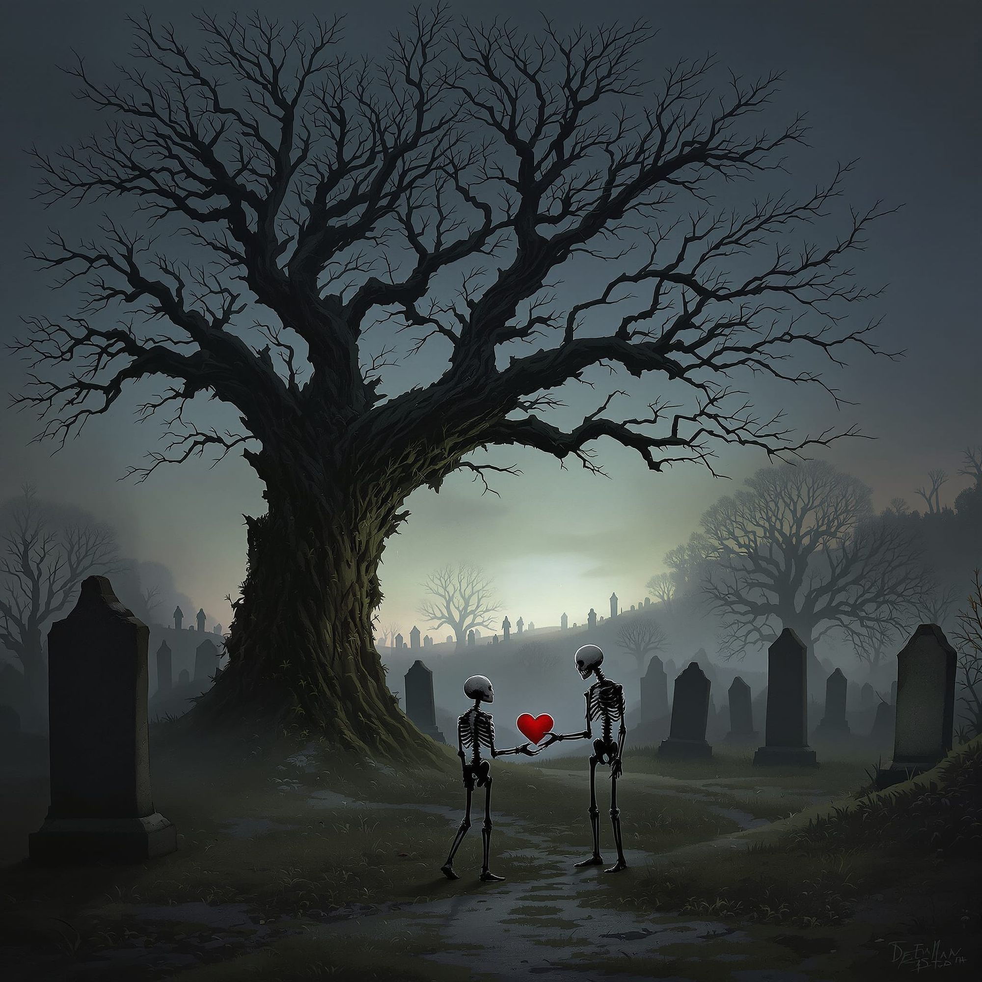 A lone, ancient oak tree stands sentinel in a misty, forgotten graveyard, its gnarled branches reaching towards a twilight sky. Faint spectr...