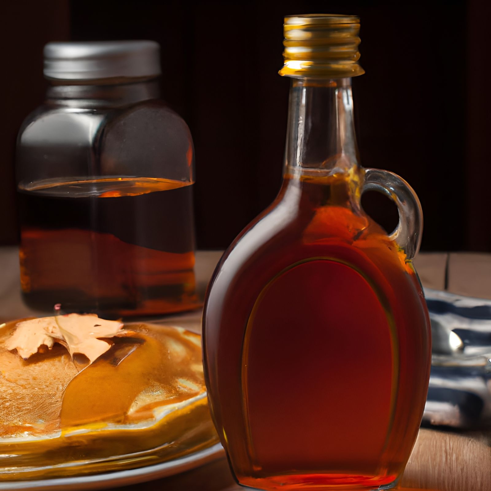 Maple Syrup Bottle On Table With Pancakes