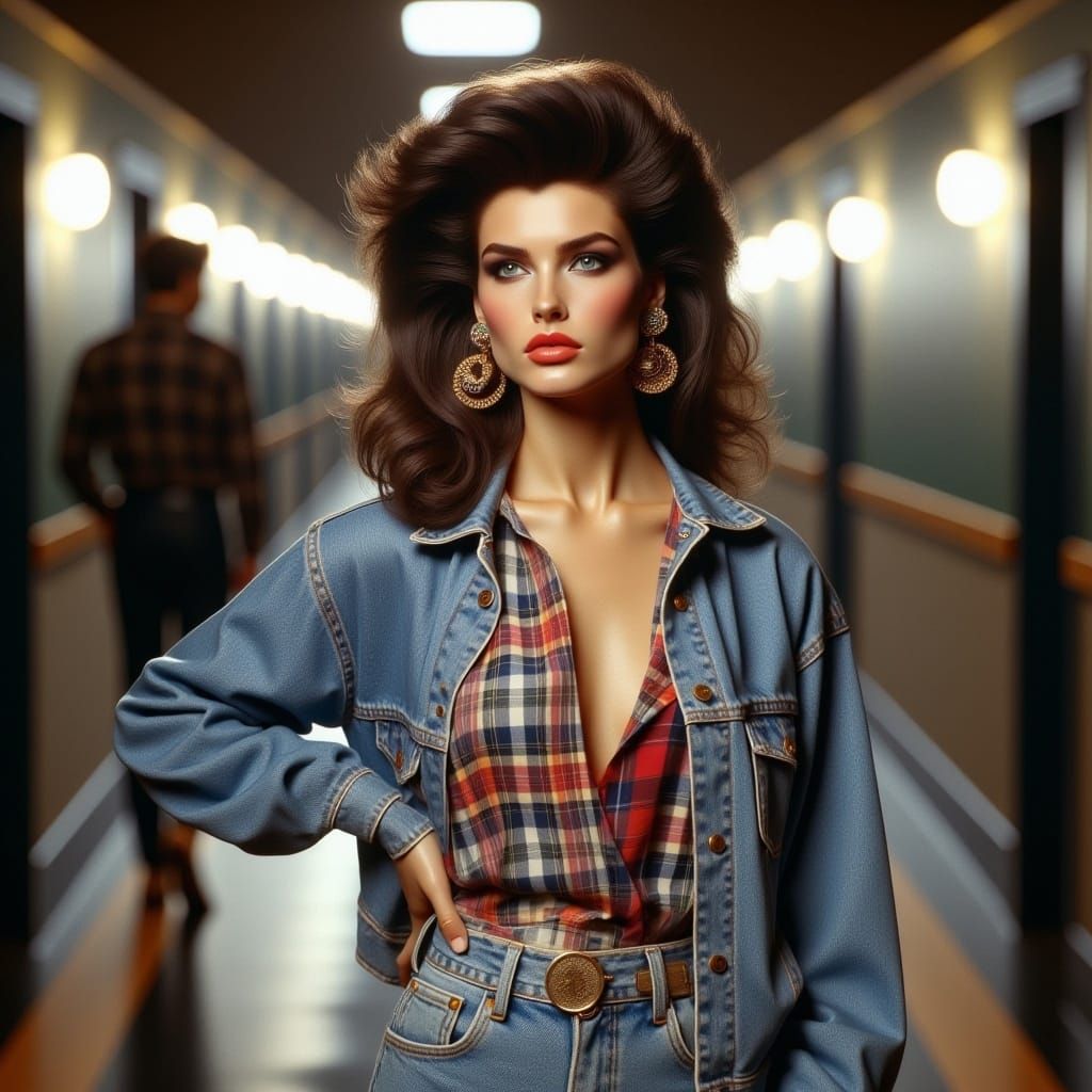  <lora:Flux 80s Supermodel:1.0> female model wearing denim and plaid, 1980s model style, in a school hallway, dynamic lighting 