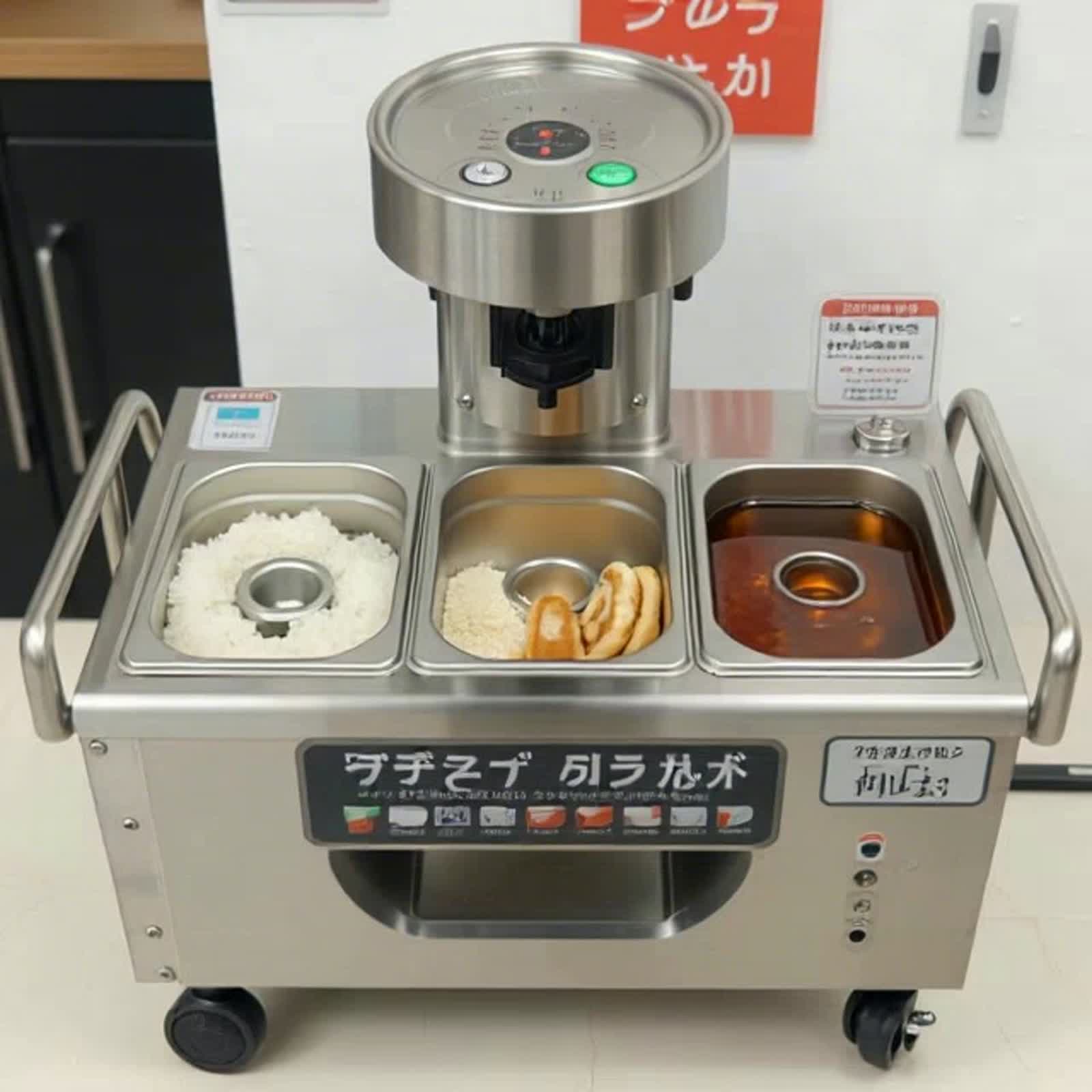 an amazing Japanese machine that creates a sweet treat from scratch , sushi rice goes in one compartment , honey in anot...