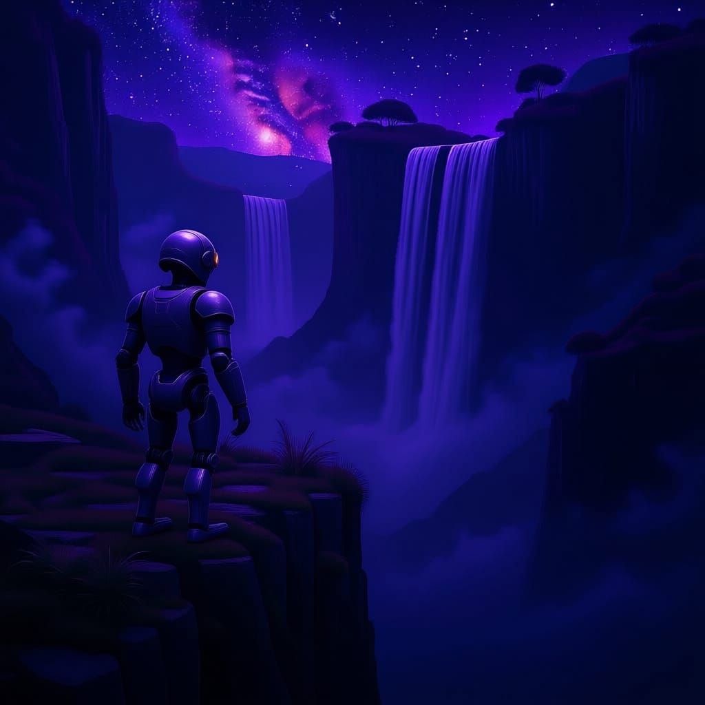a robot looking at a waterfall with blue mist in the air