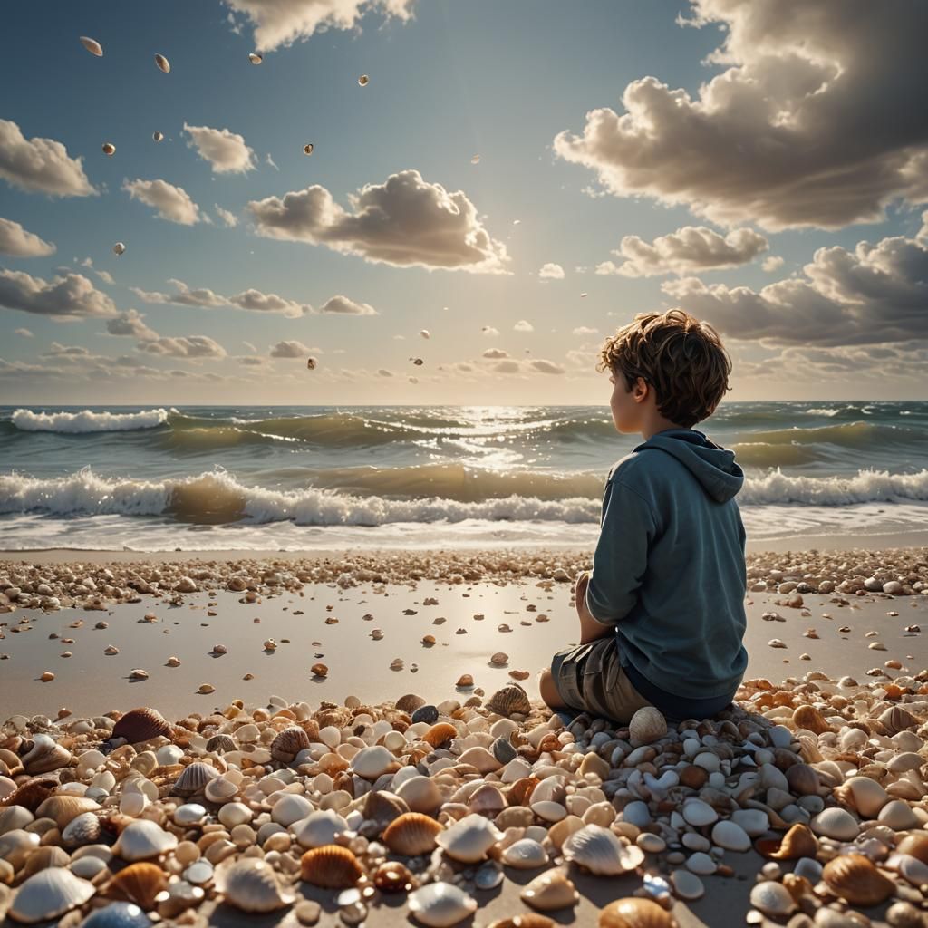 ילד עצוב . חושב . חושש . ברקע של ים עם הרבה צדפים . מסתכל על השמים . 